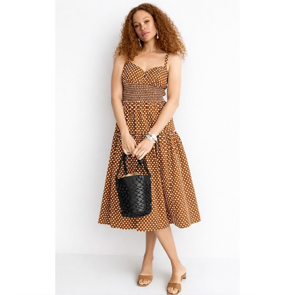 J. CREW | NWT Smocked Sweetheart Midi Dress in Classic Brown Dot, Size 6